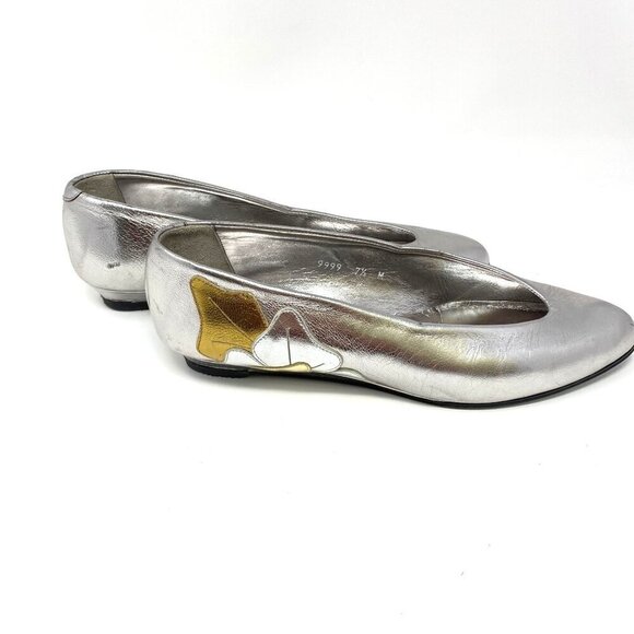 Vintage 1980's Joan & David Silver Point Toe Wedge Heel Size 7.5 Floral Applique - Picture 1 of 12